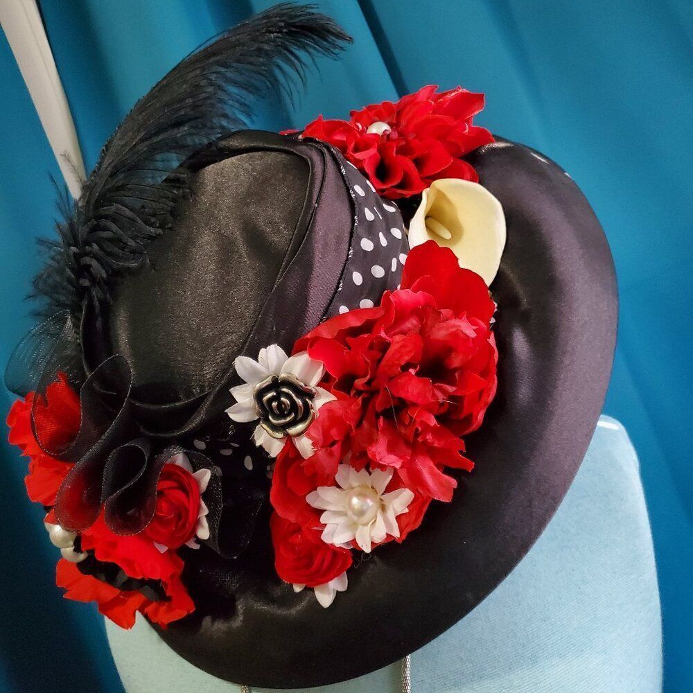 Handmade Kentucky Derby Custom Floral Black & Red Straw Big Brim Hat